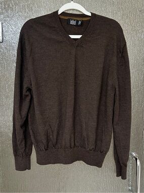 Belford Men’s Brown V-Neck 100% Extra Fine Merino Wool Sweater Size L